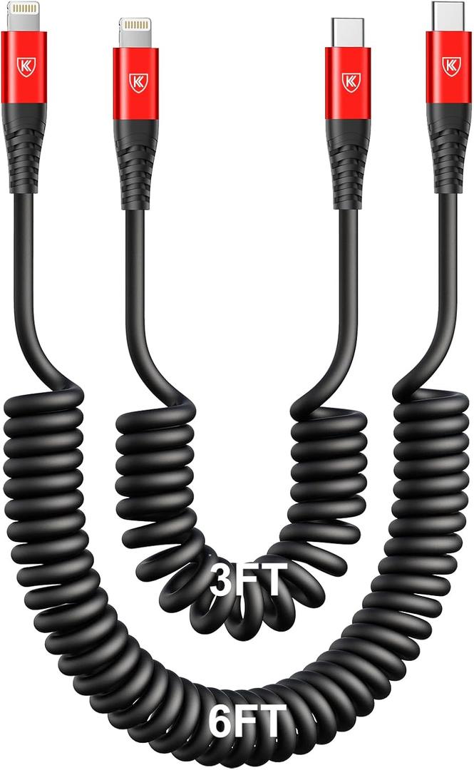 USB Type C to Lightning Cable [3FT/6FT], 2Pack Coiled iPhone Charger Cable Fast Charging for Car [Apple MFi Certified] Short USBC iPhone Cord Compatible with iPhone14/13/12/11/8/Plus/iPad/CarPlay-Red