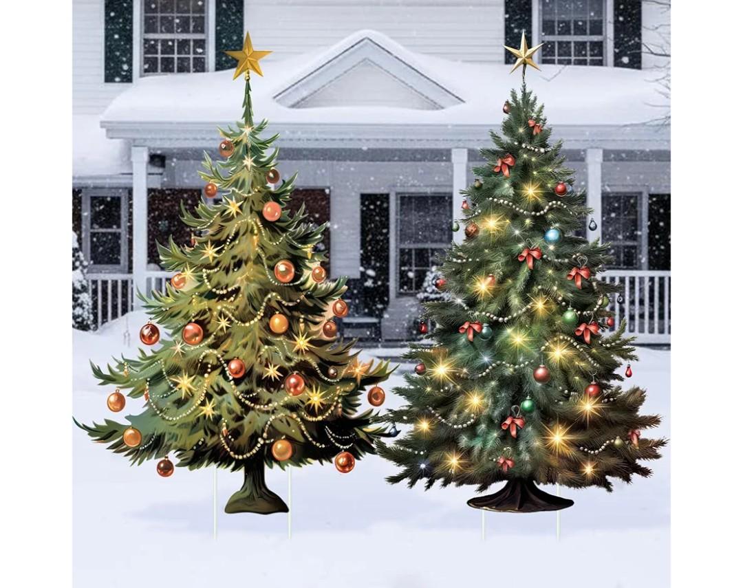 Geelin 2 Pcs Large Christmas Tree Sign Yard with Stake 2.62 ft Vintage Patio Lawn Decoration Outdoor Christmas Party Favor Ornament Garden Sign for Party Supplies (Vintage Tree)