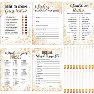 Teling 145 Pieces Bridal Shower Game Bridal Shower Favors Set Wedding Games Cards and Pencils for Bride Groom Bachelorette Party Wedding Party Favor(Golden Flower Style)