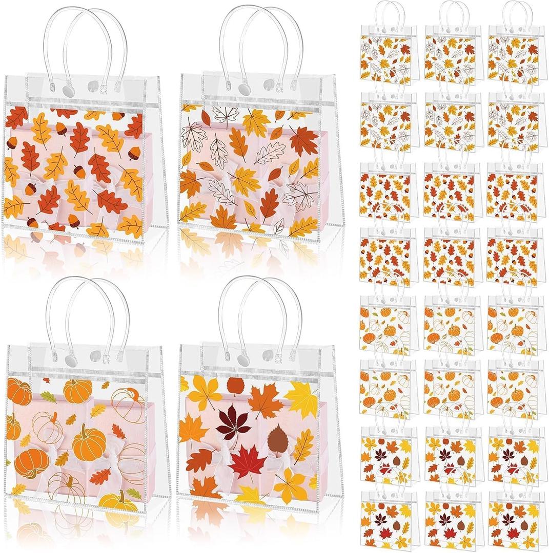 Beupy 24 Pcs Thanksgiving Bags Bulk Clear Fall Gift Bag with Handles Thanksgiving Treat Bag Pumpkin Maple Goodie Bags PVC Autumn Candy Favor for Fall Friendsgiving Party Favors Supplies