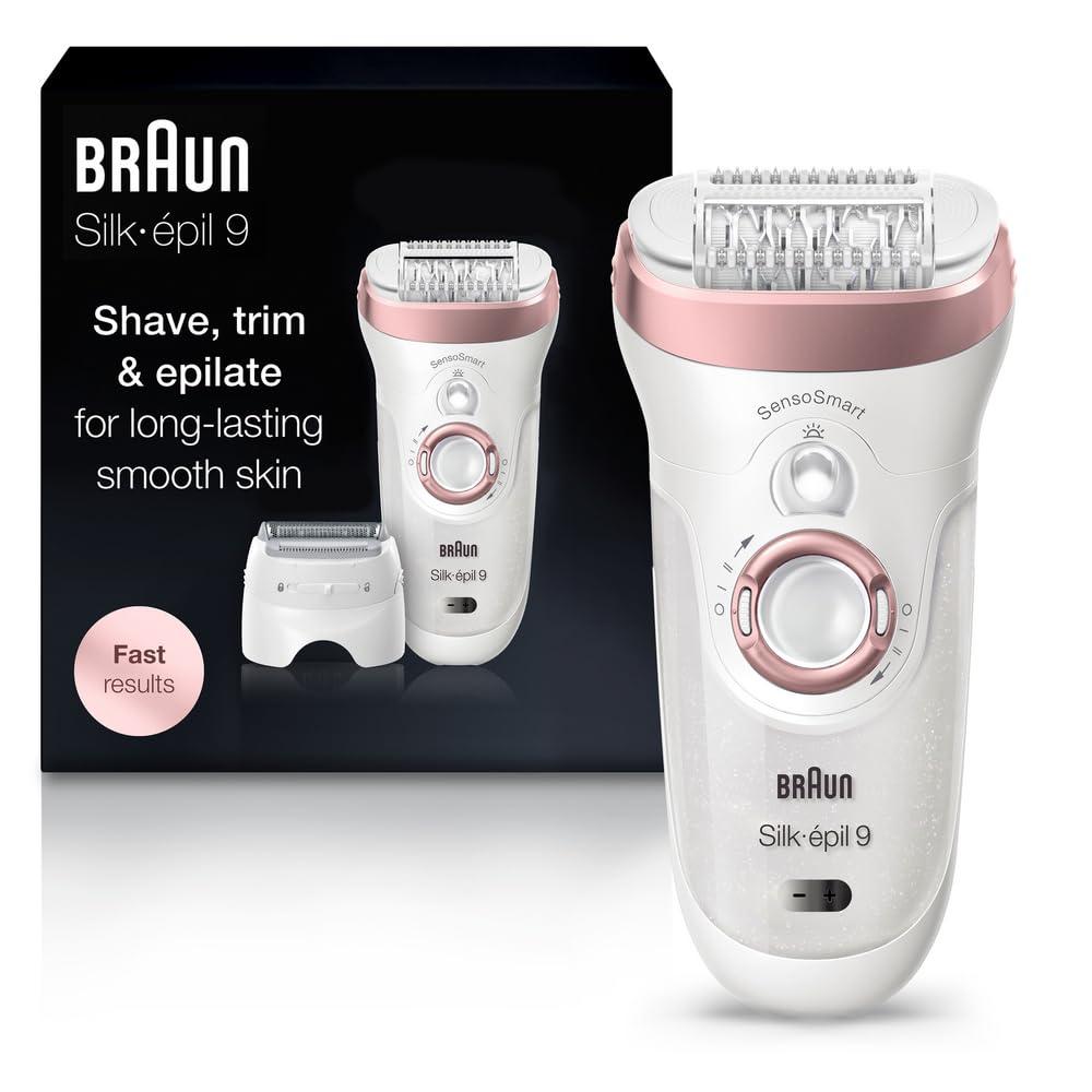 Braun Epilator Silk-pil 9 9-720, Hair Removal Device, Epilator for Women, Wet/Dry, Waterproof, 3-in-1 Epilate, Shave, or Trim, Salon-Like Smooth Skin, Womens Shaver & Trimmer, Cordless, Rechargeable (1 Count (Pack of 1), White)