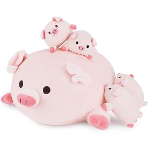 Achwishap 5PCS Pig Family,Pig Stuffed Animal Mommy with 4 Pig Babies Plush,Cute Pig Plush Pillow Cushion Doll,Kawaii Pig Plush Toy Hugging Pillow for Kids Adults Birthday Gifts(16 Pig Family)