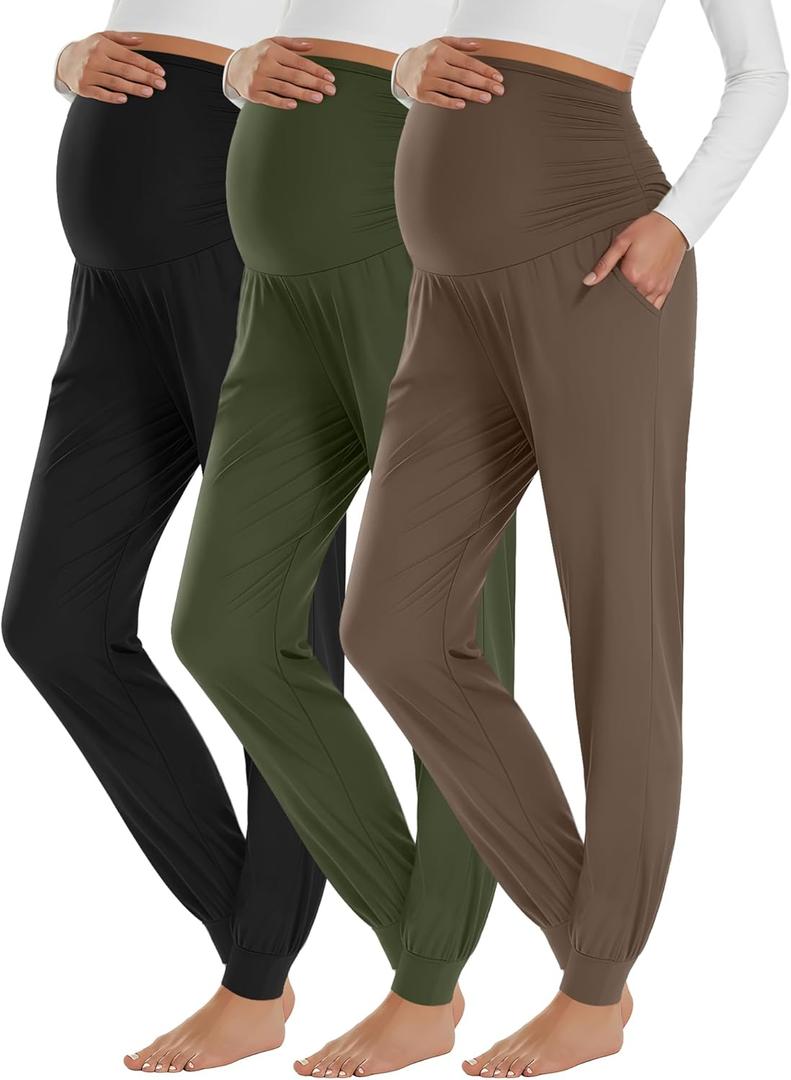 Neer 3 Pack Women's Maternity Joggers Over Belly Sweatpants Stretchy Pregnancy Lounge Pants with Pockets Winter (Black, Army Green, Light Coffee-Small)