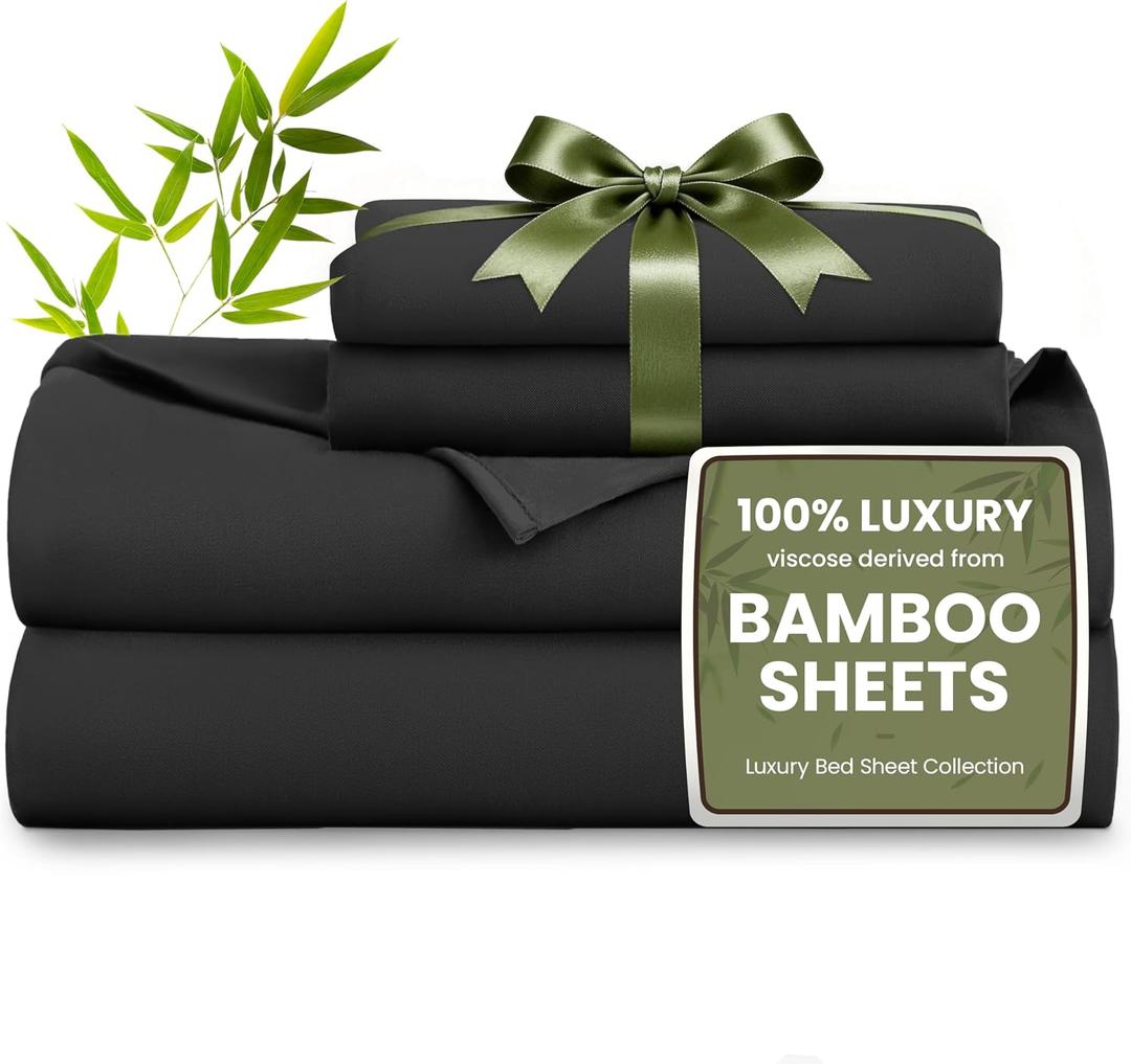 Love's cabin 4 Piece Queen Sheet Set, 100% Rayon Derived from Bamboo, Cooling & Breathable, Soft Silky Deep Pocket up to 16", Hotel Luxury Bedding for Hot Sleepers, Black