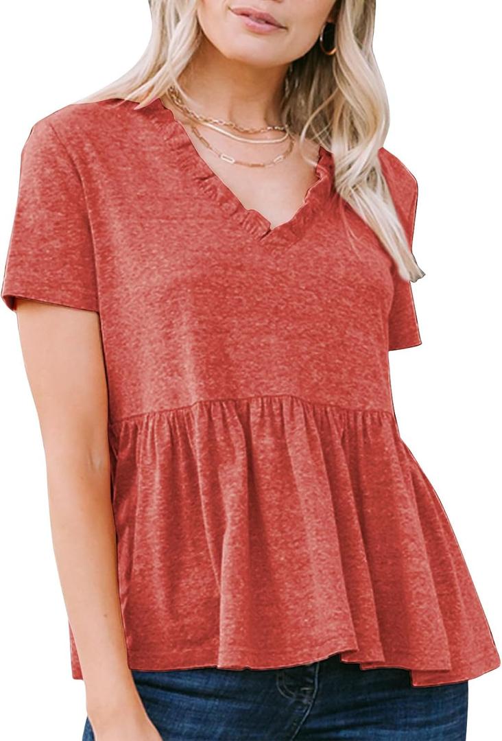EXLURA Women's Summer Crop Babydoll Peplum Tops Cute V Neck Short Sleeve Business Casual Trendy T Shirts Beach Vacation 2026 (Orange, S)