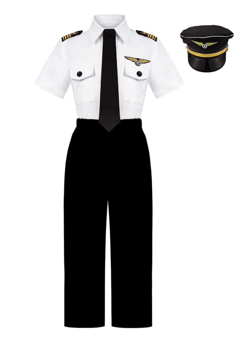 Kids Pilot Costume for Boys Airline Captain Pilot Uniform for Boys’ Career Day Dress Up Airline Costume Gifts, M