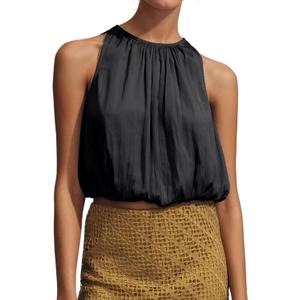 Ythomm Womens Halter Crop Bubble Tops Summer Sleeveless Crewneck Puffy Hem Cropped Tank Tops Fitted Cute Going Out Shirt Top (Large, Black)