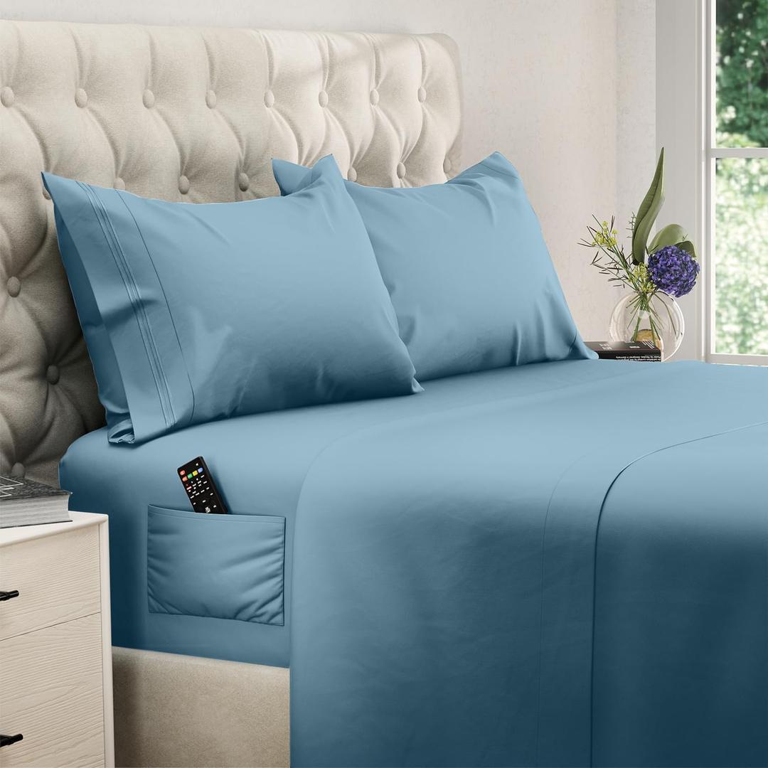 DREAMCARE Twin XL Sheet Sets - 4 pcs Breathable Cooling Bed Sheets - up to 15" Deep Pocket Twin XL Sheets Set with Side Pockets - Extra Soft 100% Brushed Hypoallergenic Hotel Luxury Bedding Mnrl Blue | - up to 15" Deep Pocket XL Twin Sheets with Side Pockets - Extra Soft - Double Brushed Hotel Luxury Bed Sheets - Mineral Blue