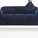 PrinceDeco Velvet Couch Covers for Sofa Soft 4 Pieces Couch Covers for 3 Cushion Couch Sofa Pet Friendly Furniture Protector with Non Slip Elastic Bottom Width Up to 90 Inch (Large, Navy)