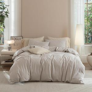 JIYUAN 100% Washed Cotton Pinstripe Duvet Cover Set King Size 104"x90", Linen-Like Soft Breathable Durable Bedding Set with Zipper Closure, All Season, Taupe/White