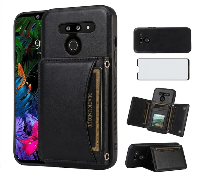 Asuwish Phone Case for LG G8 ThinQ Wallet Cover with Tempered Glass Screen Protector and PU Leather Credit Card Holder Stand Cell Accessories LGG8 Thin Q G 8 LG8 G8thinq LGG8thinq 8G Women Men Black