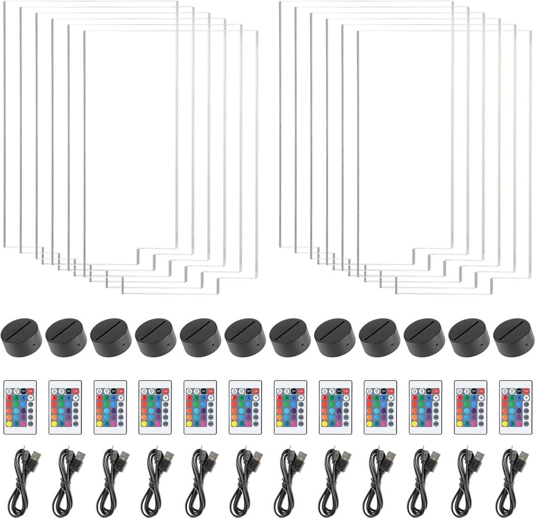 Homaisson 12 Pack 3D Night LED Light Lamp Base with Clear Acrylic Sheets, DIY Acrylic Lamp Base Set with Remote Control, 16 Colors 4 Modes Bright Adjustable (12pcs one size)