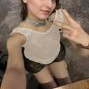 Women Sexy Fishnet Knit Glittering Scoop Neck Crop Tank Going Out Top Sheer Mesh Solid Slim Cropped Vest Cami Tops, Apricot Small