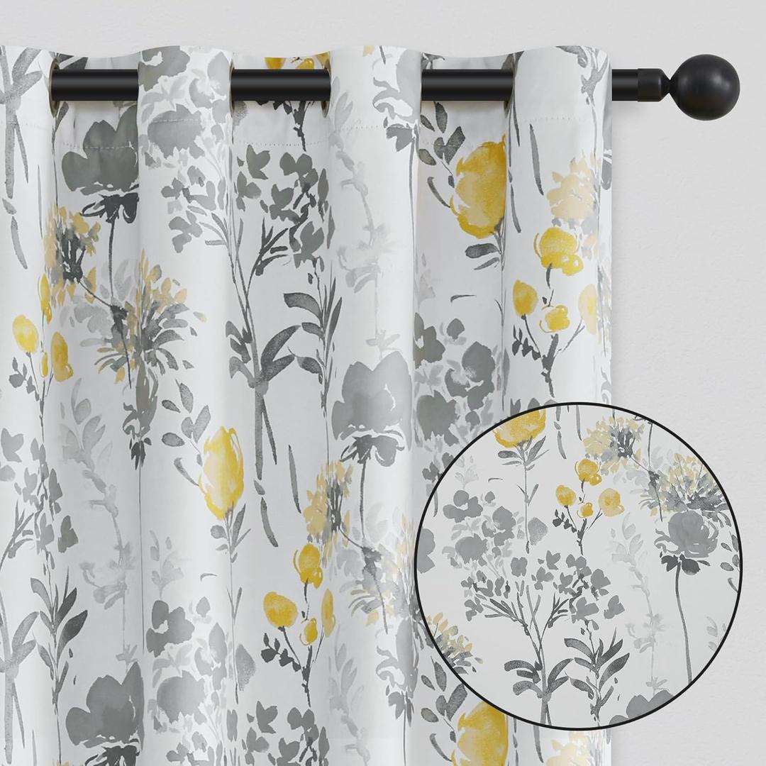 100% Blackout Grey Flower Curtains 63 Inch Long, Yellow Room Darkening Privacy Protect Curtain Panels for Bedroom, Energy Saving Watercolor Floral Pattern Window Treatments 2 Pack 52" W