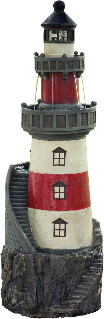Teamson Home House Floor Waterfall Fountain with Solar Powered Rotating Light and Pump for Outdoor Patio Garden Backyard Decking, 40 Inch Height, Red/White/Gray