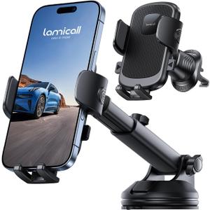 Lamicall Car Phone Holder Mount [3-in-1 Military-Grade Suction Cup] 360 Rotation Phone Holders for Your Car [Metal Hook] Cell Phone Car Mount Dashboard Vent Windshield for iPhone 16 All Smartphone (Black)