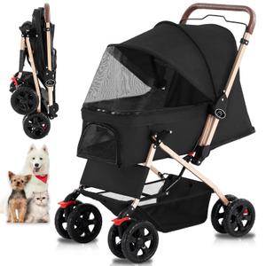 Pet Dog Stroller for Cats and Dog Four Wheels Carrier Strolling Cart with Weather Cover, with Storage Basket for Small Medium Dogs & Cats (Black)