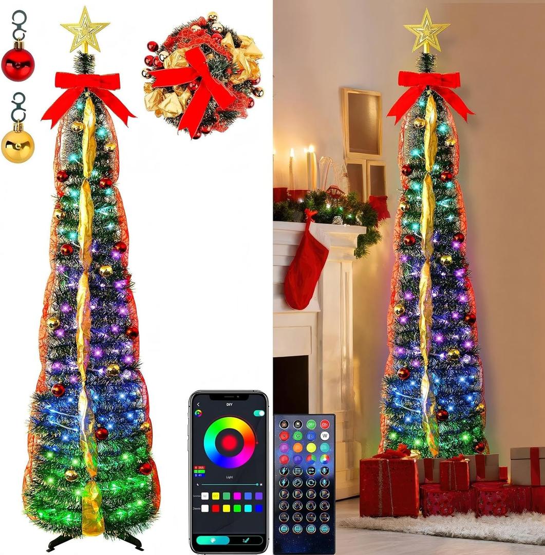 5Ft Prelit Tinsel Pop Up Christmas Tree with Ornament,Fully Decorated Collapsible Pencil Christmas Tree with DIY Multicolor Pink Lights Modes,App-Controlled Xmas Trees for Valentines Easter Decor (Green, Gold )