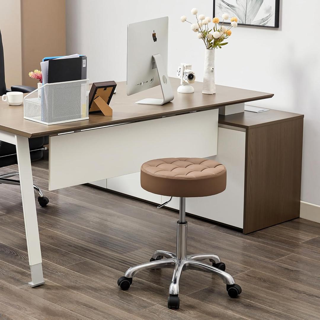 FIRAVOE Stool for Work (Adjustable Height 20-27 inch) (Quiet Wheels and Aluminum Base) Vanity Stool for Makeup Room (Coffee Brown) (No Back & Footrest)