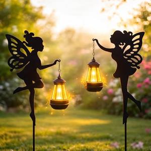 Solar Fairy Garden Accessories Outdoor 1 Pair - Metal Stakes Decorative Figurines Housewarming Ornament for Patio, Lawn, Yard, Pathway - Unique Gift Ideas for Mom Grandma (Warm Lighting)