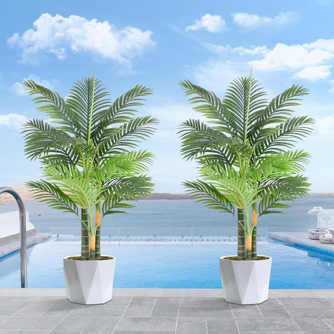 Triple Golden Cane Palm Artificial Tree 4ft Tall Large Faux Tropical Palm Tree UV Resistant Fake Plant in Pot for Indoor Outdoor Big House Living Room Patio Office Home Outside Decor 2Pack