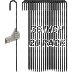 AAGUT Rebar Stakes 36 Inch J Hook Heavy Duty 20 Pack, 1/2 Inch Extra Long Tent Stakes with Chisel Point End, Black Coated Metal Ground Anchors for Garden, Chain Link Fence, Greenhouse, Sculpture