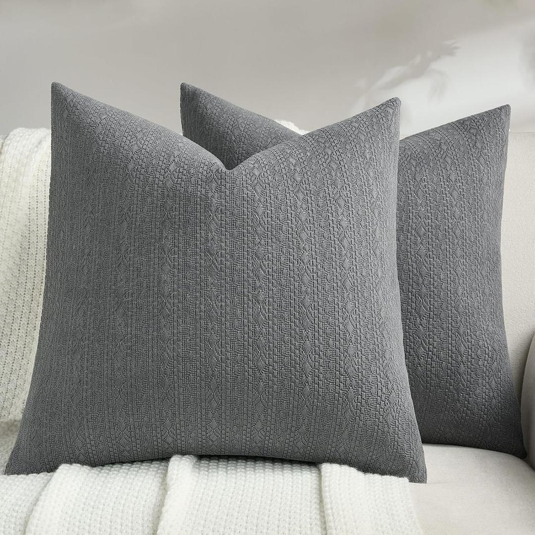 FUTEI Pack of 2 Solid Chenille Throw Pillow Covers 24x24 Inch Soft Farmhouse Decorative Accent European Cushion Cases Modern Home Decor for Couch Living Room, Dark Grey