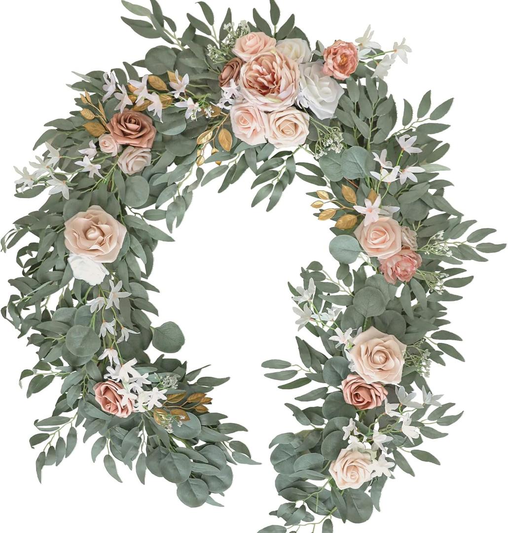 Lookein 6FT Flower Garland Eucalyptus Garland with Flowers Handcrafted Wreath for Wedding Centerpieces for Rehearsal Dinner Bridal Shower, Dusty Rose