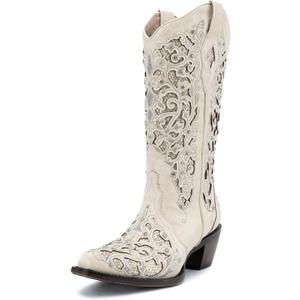 Huntarry Cowboy Boots for Women Western Square Toe Mid Calf Cowgirl Boots Glitter Sparkle Rhinestone Chunky Wedding Shoes for Bride (6.5, 161/White)