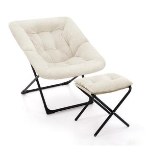 Aunekiv Saucer Chair with Ottoman, Foldable Living Room Chairs, Faux Fur Comfy Reading Chair, Lounge Chair for Bedroom Dorm Small Spaces, Beige
