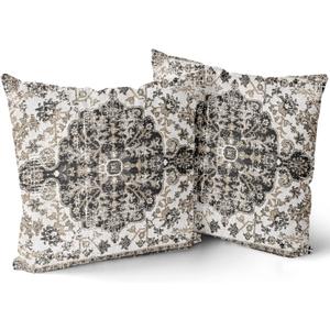 Kawani Black White Grey Ethnic Boho Throw Pillow Covers 26x26 Inch Bohemian Carpet Vintage Gray Floral Decorative Pillows Pillow Cases Farmhouse Accent Home Decor Bedroom Couch Sofa Porch Set of 2