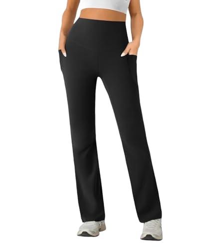 SEAJOJO Womens High Waist Yoga Pants Stretchy Casual Trousers Straight Leg Pull On Side Pockets Black, XL