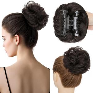 Hairro Messy Bun Hair Piece For Women Human Hair Bun With Claw Clip Tousled Updo Scrunchies Faux Hair Buns Extensions Wavy Curly Bun Hairpieces 42g #1B Natural Black (3 Inch)