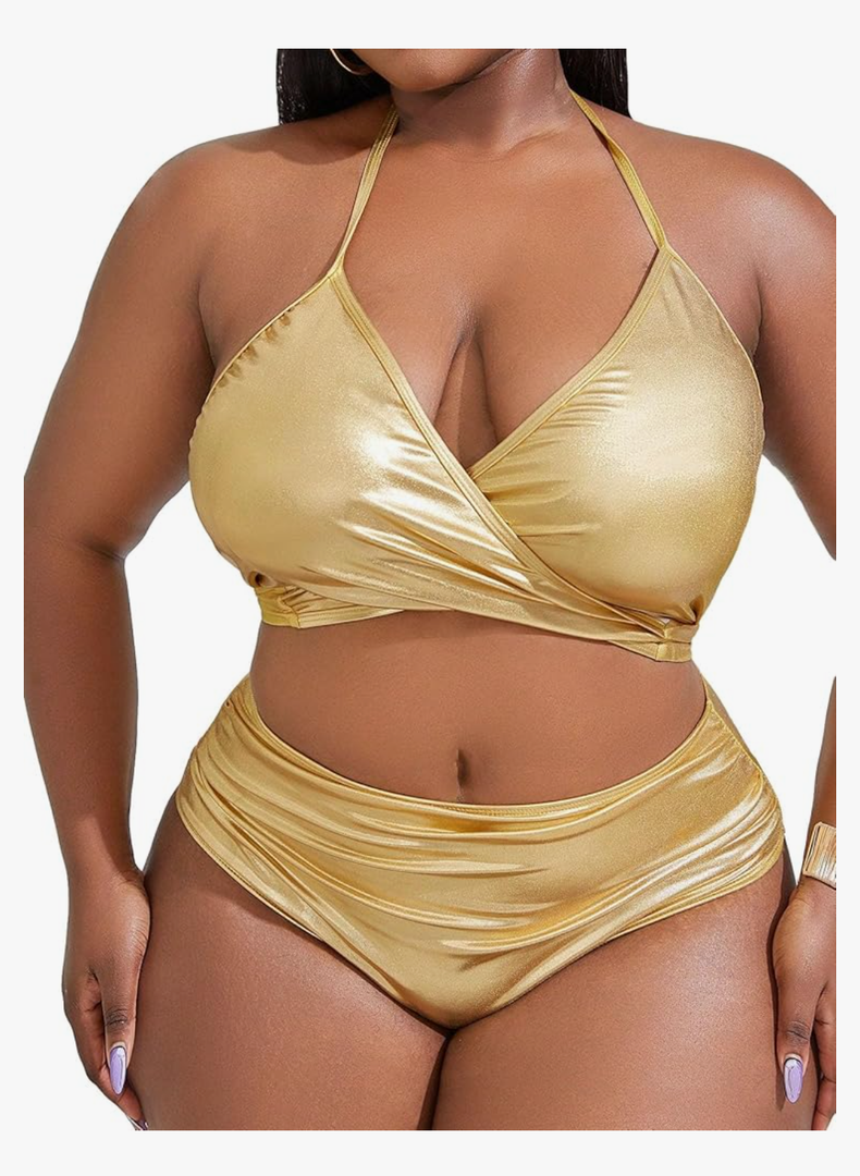 MakeMeChic Women's Plus Size 2 Piece Shiny Metallic Bikini Set Halter Triangle Swimsuit Bathing Suit, Size: XL plus