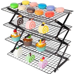 PowerKing Upgraded Collapsible 4-Tier Cooling Rack, Adjustable Stackable Non-Stick Wire Rack for Baking, Roasting, Drying, Cookies, Cakes, Muffins, Space-Saving, Gifts for Baking Enthusiasts