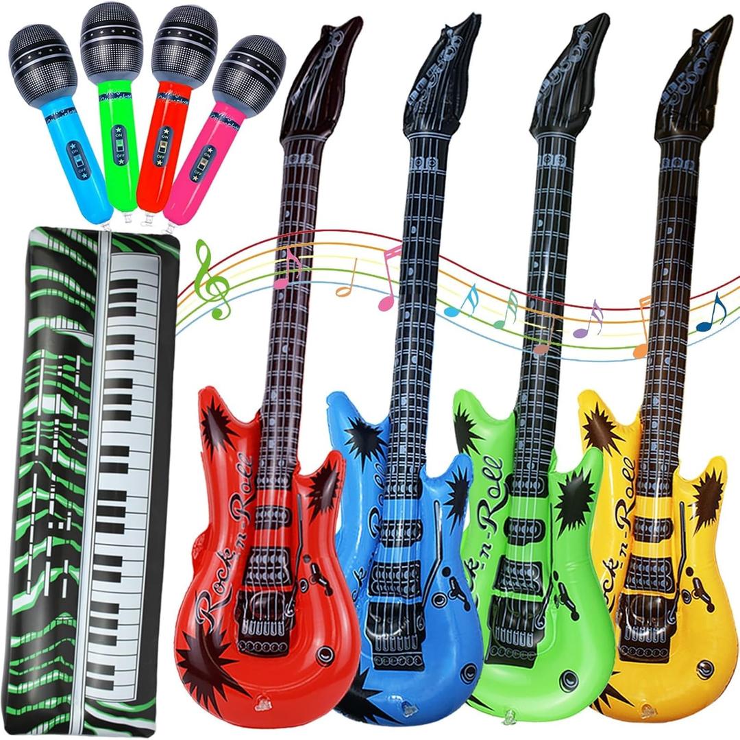 9 Pieces Inflatable Instruments Party Props Set Photo Booth Props Inflatable Guitar Saxophone Bass Lute Microphone Recorder Piano Theme Party Rock Toys Decorated Vintage Period Party (classic)