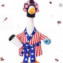 Shyyween Patriotic 4th of July Porch Goose Outfit 23 Inch American Lady Goose Statue Clothes Red White and Blue Bathrobe Coffee Cup Curlers 250th Anniversary Garden Lawn Decor