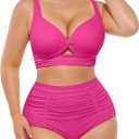 SHAPELLX High Waisted Bikini Tummy Control Two Piece Swimsuits for Women Ruched Bathing Suit Twist Front Bikini Sets (XX-Large, A4-hot Pink)