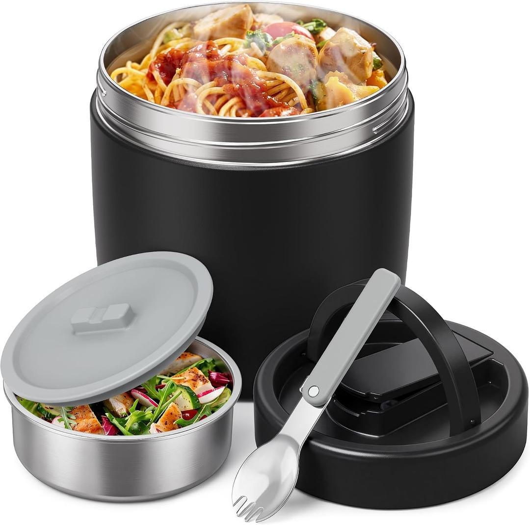 HOMEKOL Thermo for Hot Food Soup: 40.5 oz Insulated Lunch Container for Adults, Stainless Steel Thermal Jar with 12oz Inner Jar, Wide Mouth Leakproof Easy-Open Lid with Foldable Spoon & Handle, Black