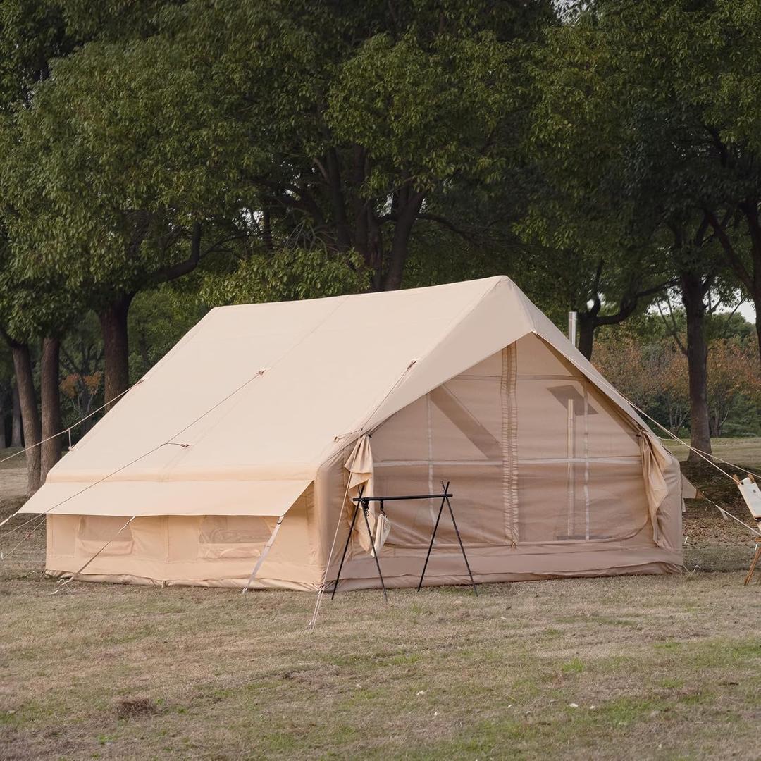 WaldZimmer Inflatable Camping Tent with Hand Pump Waterproof Outdoor Blow up Tent 2-8 Person Oxford 4 Season Glamping Air Tent Cabin House with Mesh Windows & Door (9.84ft*13.12ft*6.56ft (6-8 person)(Beige))