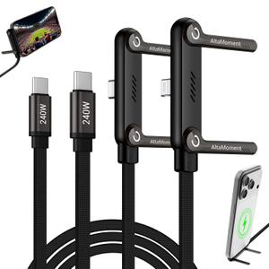 Invisible Holder Charger Cable, 240W PD Fast Charging Cable for Desk, USB-C to USB-C & USB to Light-ning Cable 4.9 FT with 360 Adjustable Metal Stand, 2 in 1 Holder Charger for Gaming, Office, Home