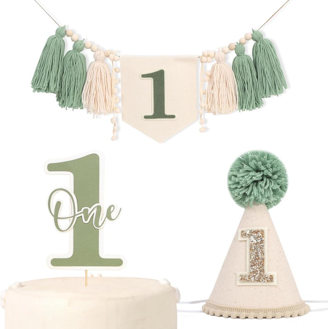 Green 1st Birthday Decoration Set - Wild One Tassel High Chair Banner,Green Forest Theme Cake Topper,Jungle Safari First Birthday Hat,Nature Party Decoration Photo Props
