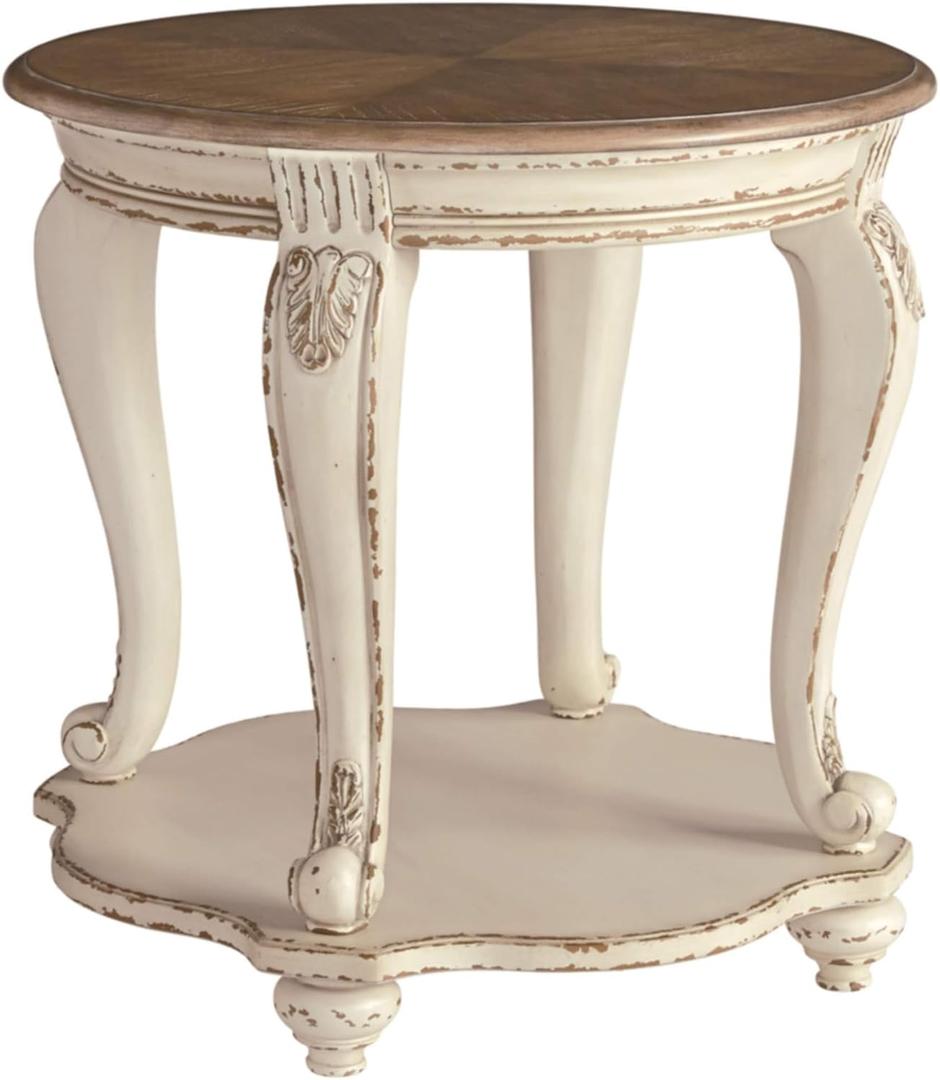 Signature Design by Ashley Realyn Round End Table, Cottage-Style Side Table with Antiqued Two-Tone Finish, Wood & Veneer Construction for Living Room or Bedroom, White/Brown, 26"W x 26"D x 26"H