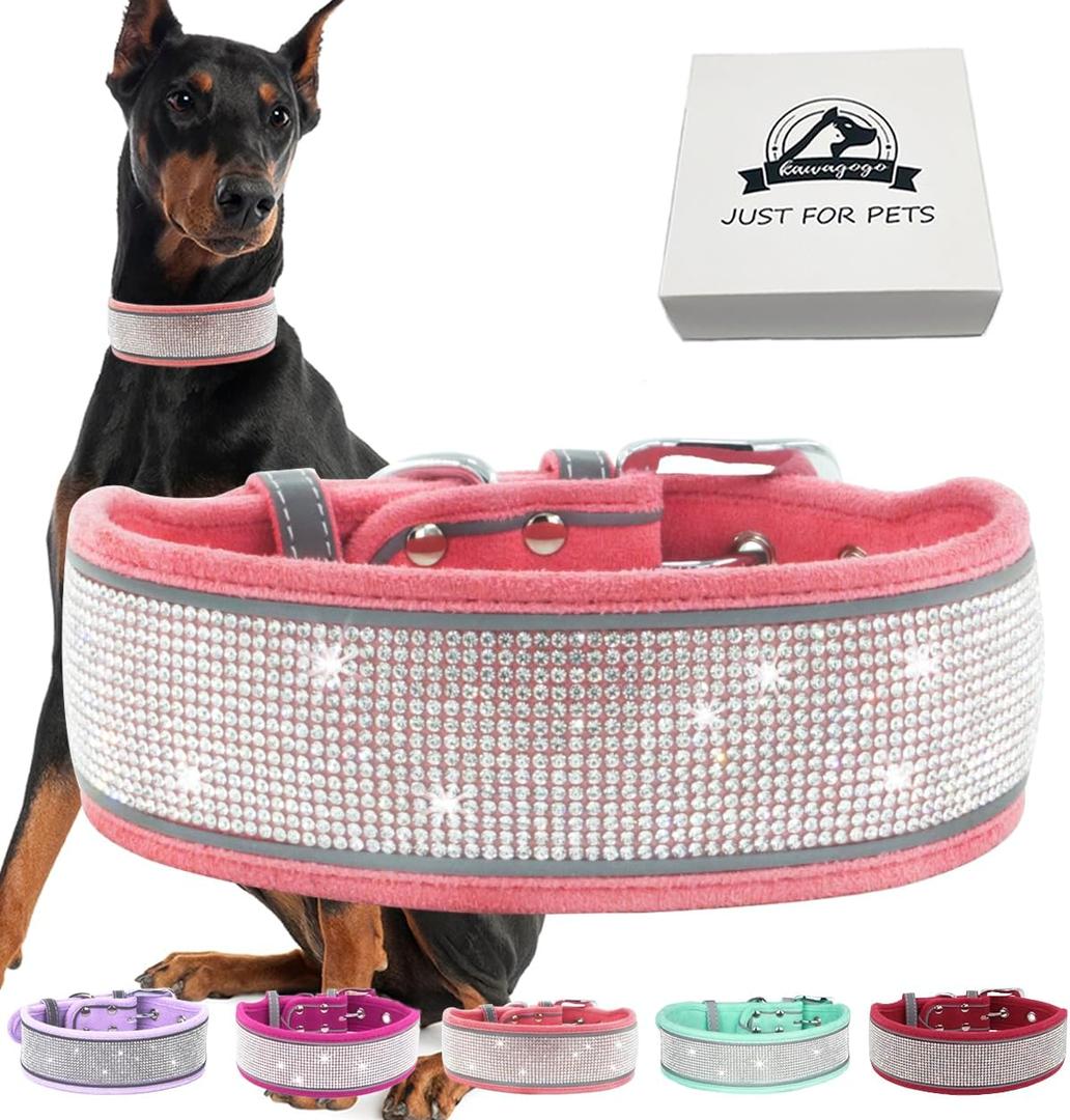 Bling Diamond Dog Collar for Females Girls,Soft Velvet Leather with Fancy Sparkly Crystal Rhinestones,Reflective Stripe,Suit Medium Large Dogs (Pink, L) (L:2 Inch Wide Adjust:20''-24'' Fits:Large Dogs)