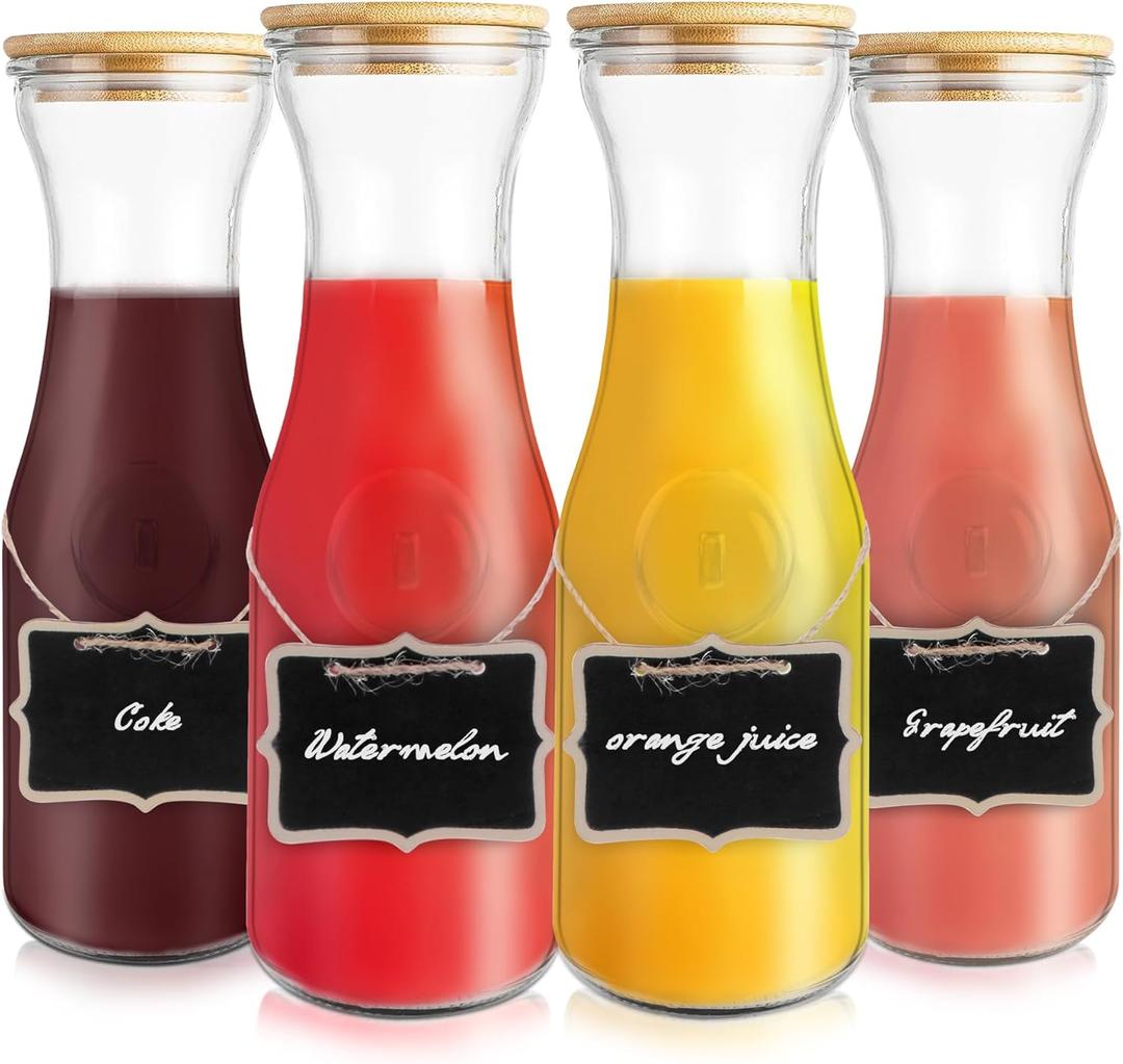 Glass Carafe with Bamboo Lid,35 Oz Beverage Dispensers Juice Bottles,Mimosa Bar Supplies,Clear Glass Pitcher with Name Labels for Iced Tea,Coffee,Juice(Set of 4)