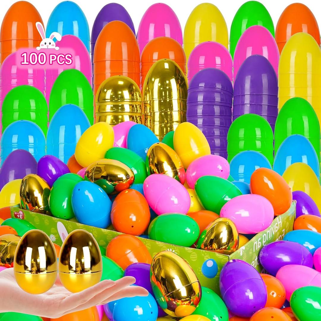 100 PCS 2.4" Plastic Easter Eggs with 6 Golden Eggs, Empty Fillable Bright Colorful Eggs for Kids Boys Girls Easter Hunt Classroom Prizes Basket Stuffers Easter Party Favors