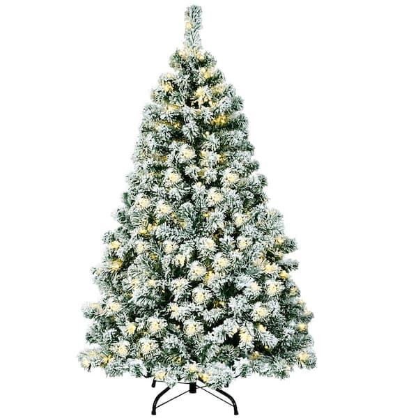 4.5 ft. Pre-Lit Snow Flocked Hinged Pine Artificial Christmas Tree with 200 Warm LED Lights