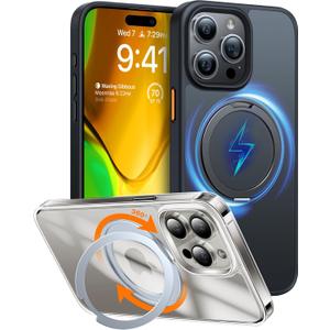 TORRAS 360Rotatable Ring for iPhone 15 Pro Case, Compatible with MagSafe 15 Pro Case with Stand Translucent Slim Protective Ring Holder Military Grade Shockproof Cover for 15 Pro 2023, Black