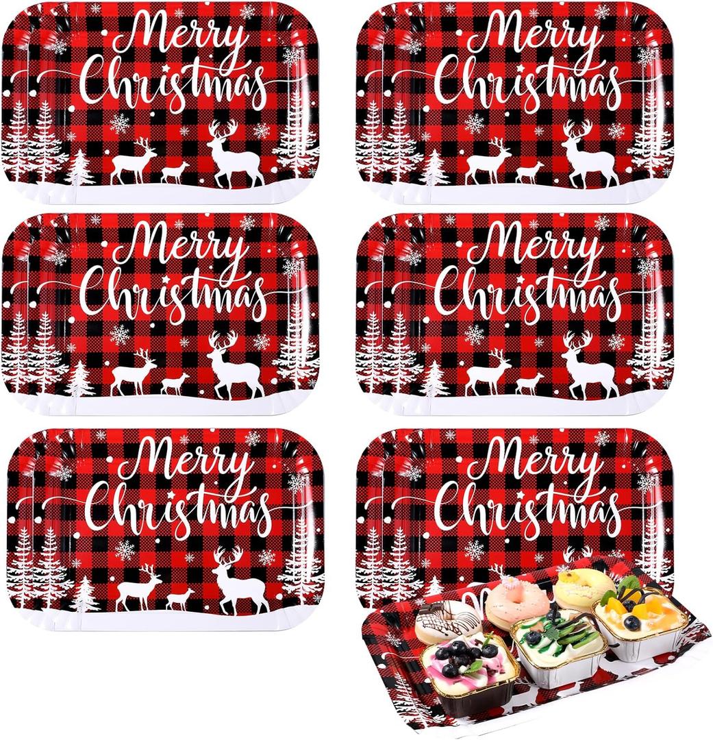Maitys 12 Pcs Merry Christmas Serving Trays 13 x 9 Inch Large Food Trays buffalo plaid Dessert Cupcake Platters for Christmas Winter Holiday Birthday Party Supplies Table Decorations