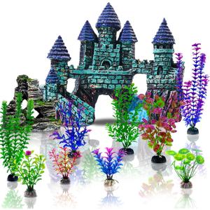 Mechpia 13 Pieces Aquarium Decorations Kit, Fish Tank Decorations Set Small Resin Castle and Rockery Betta Fish Cave Hideout Coral Artificial Plastic Plants Ornament Accessories (Blue,Green,Purple)